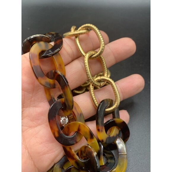 Faux Tortoise Plastic & Textured Metal Chain Necklace Chunky Gold Tone Statement - Picture 6 of 6